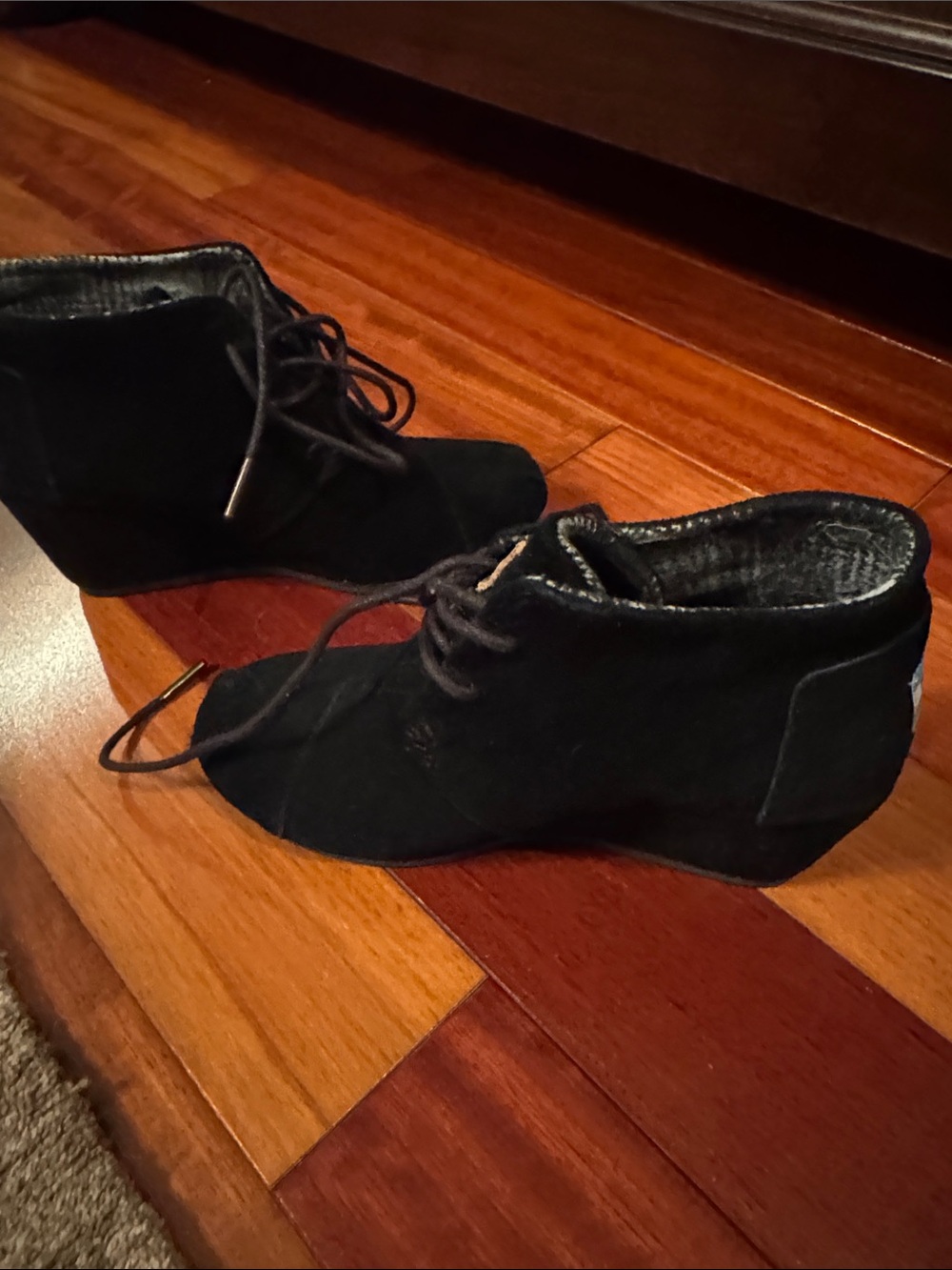 Toms Black Suede Lace-Up Wedge Ankle Booties